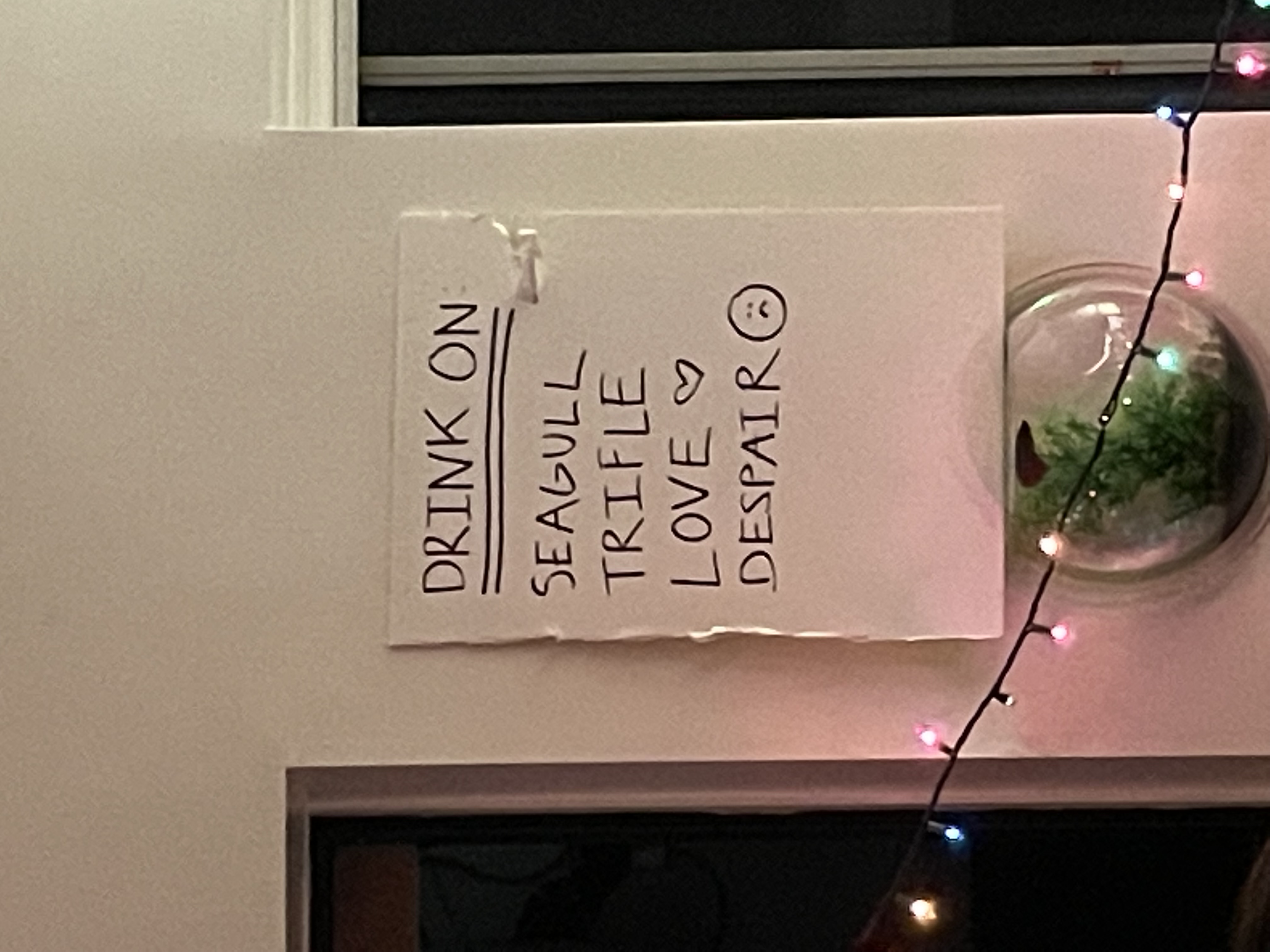 A handwritten sign reading Drink On Seagull Trifle Love Despair