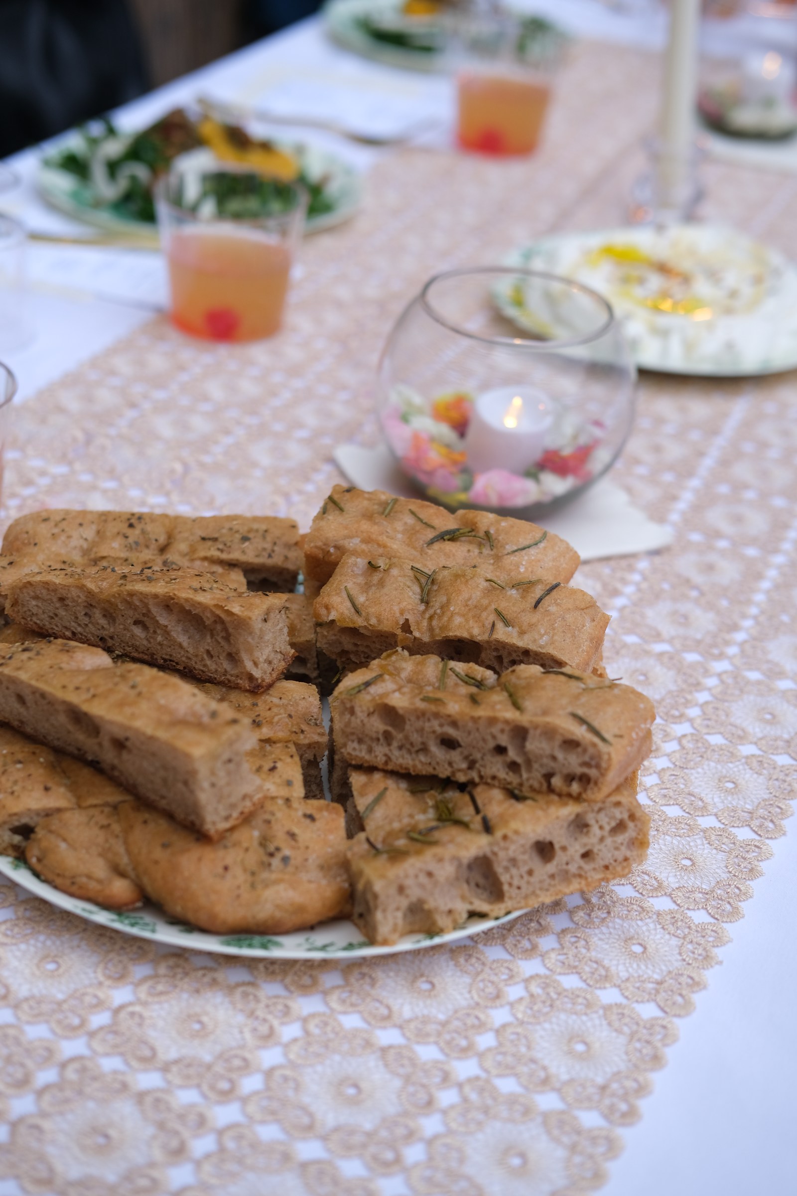 Rosemary focaccia on the dinner party table